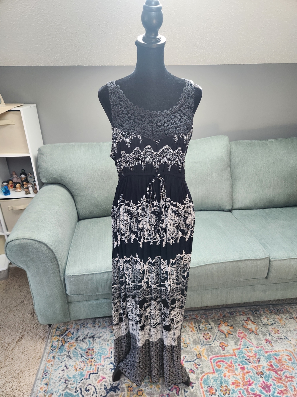 Diba Sleeveless Black & White Lace-Detail Maxi Dress Boho Small-medium